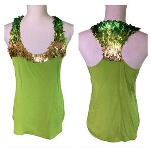 Trina Turk Fun Fringe Silk Green & Gold Top B37